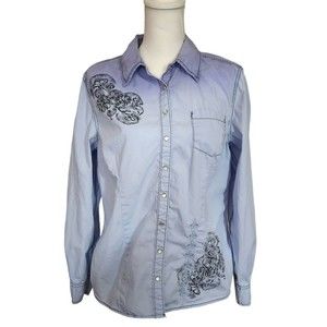 Style & Co Western Shirt Ombre Blue Pearl Snap Floral Print Embroidery Size 14